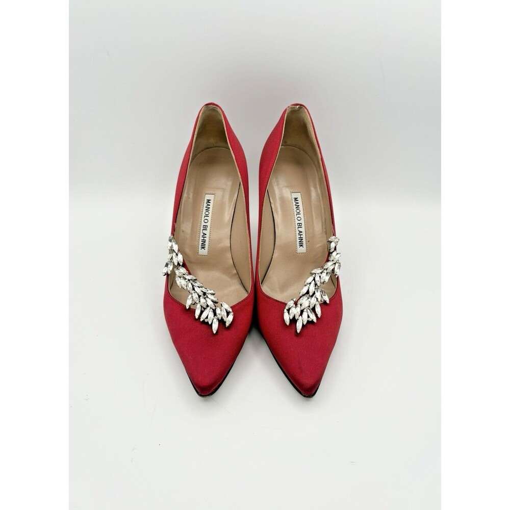 Manolo Blahnik Burgundy Red Satin Nadira Heels Rhinestone Accent Size EU 38